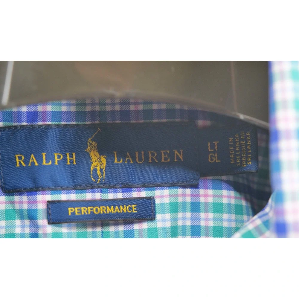 Polo Ralph Lauren Men Large Tall Blue Green Plaid Performance Casual Button Up